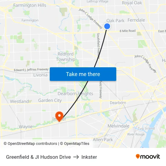 Greenfield & Jl Hudson Drive to Inkster map