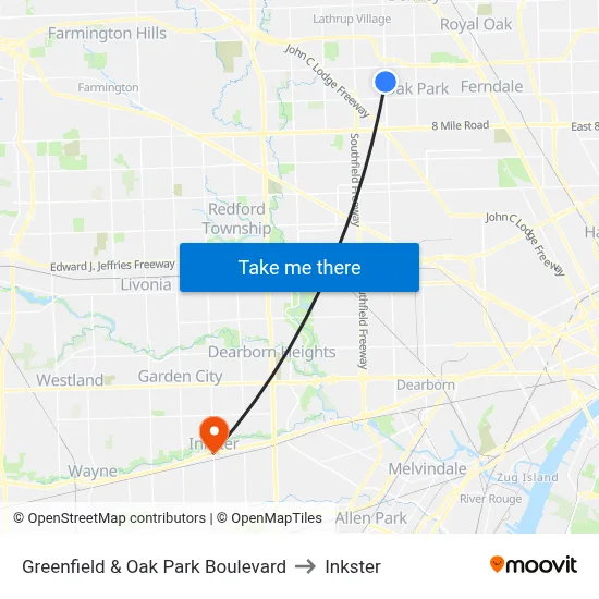 Greenfield & Oak Park Boulevard to Inkster map