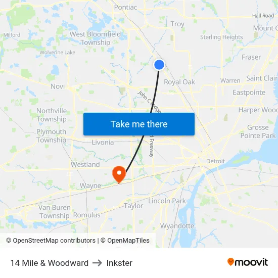14 Mile & Woodward to Inkster map