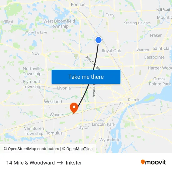 14 Mile & Woodward to Inkster map