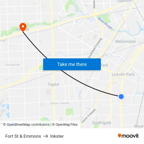 Fort & Emmons to Inkster map