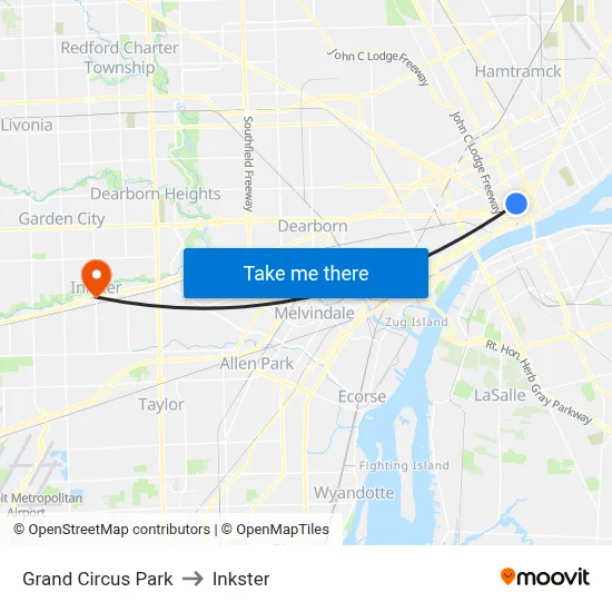 Grand Circus Park to Inkster map