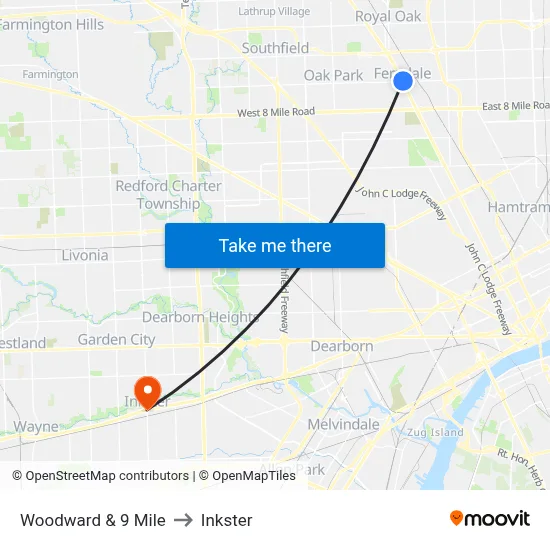 Woodward & 9 Mile to Inkster map