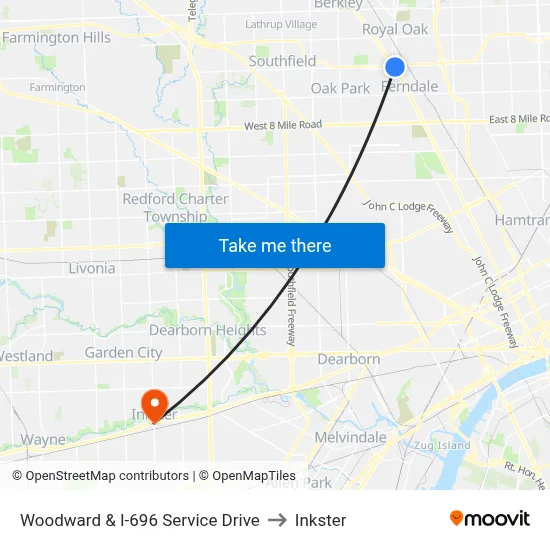Woodward & I-696 Service Drive to Inkster map