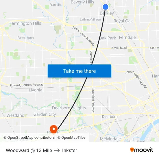Woodward @ 13 Mile to Inkster map