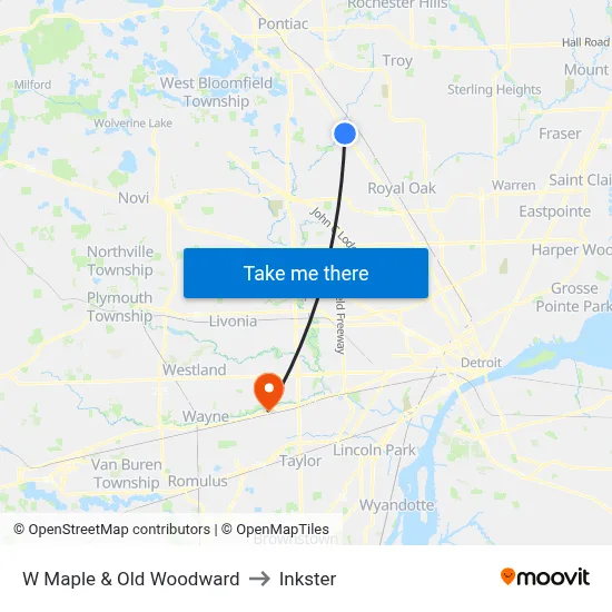W Maple & Old Woodward to Inkster map
