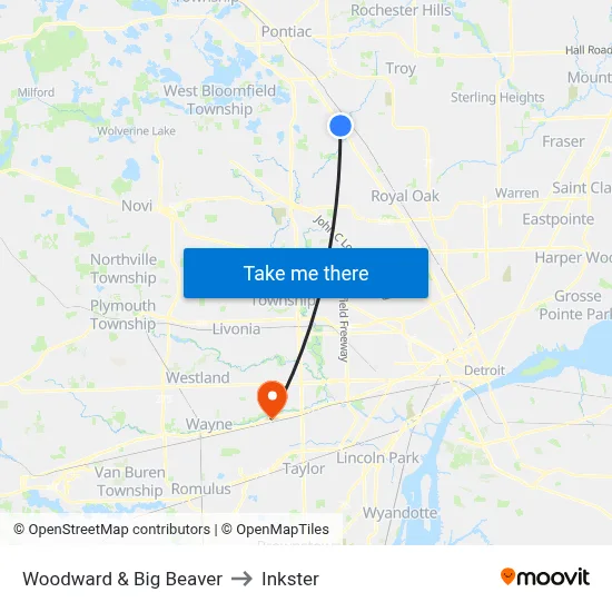 Woodward & Big Beaver to Inkster map