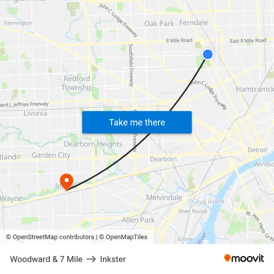 Woodward & 7 Mile to Inkster map