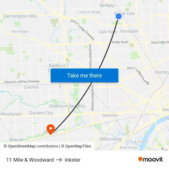 11 Mile & Woodward to Inkster map