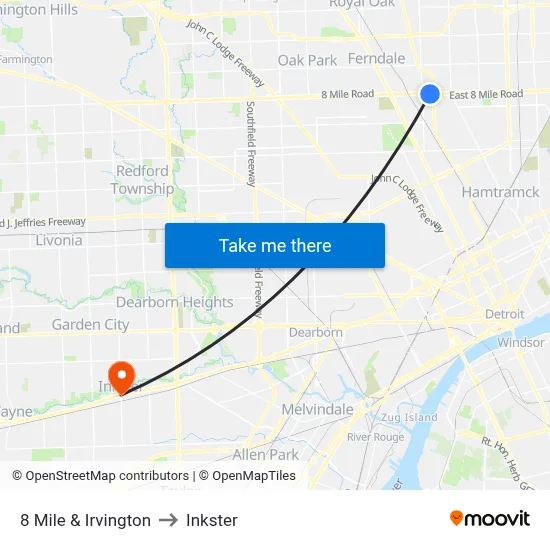 8 Mile & Irvington to Inkster map