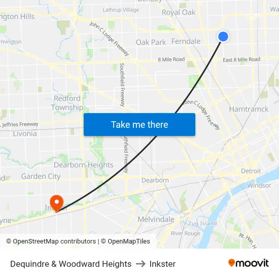 Dequindre & Woodward Heights to Inkster map