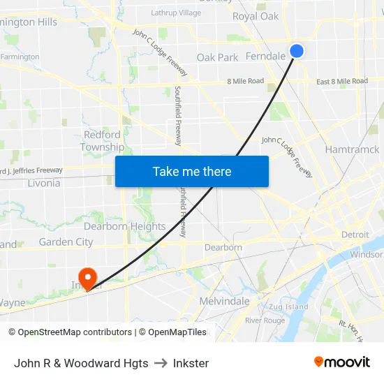 John R & Woodward Hgts to Inkster map