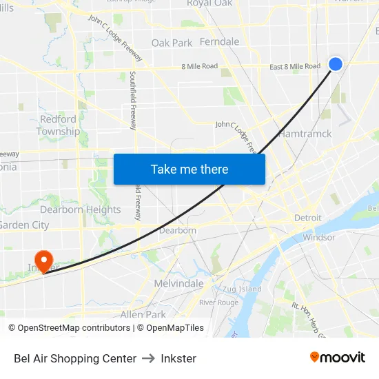 Bel Air Shopping Center to Inkster map