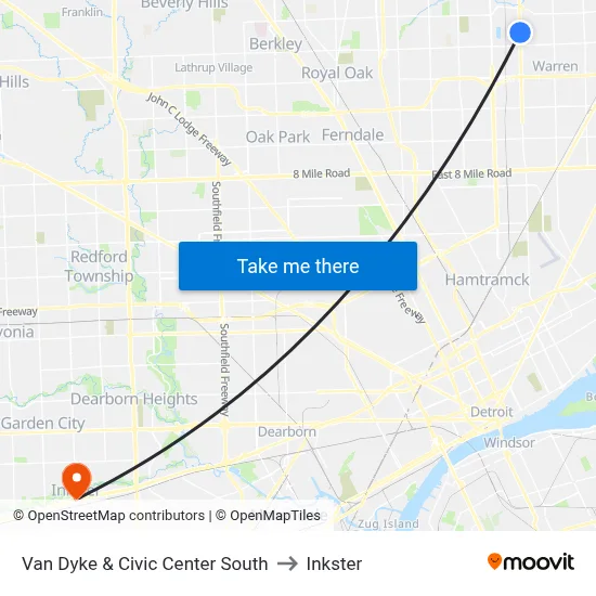 Van Dyke & Civic Center South to Inkster map