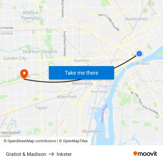 Gratiot & Madison to Inkster map