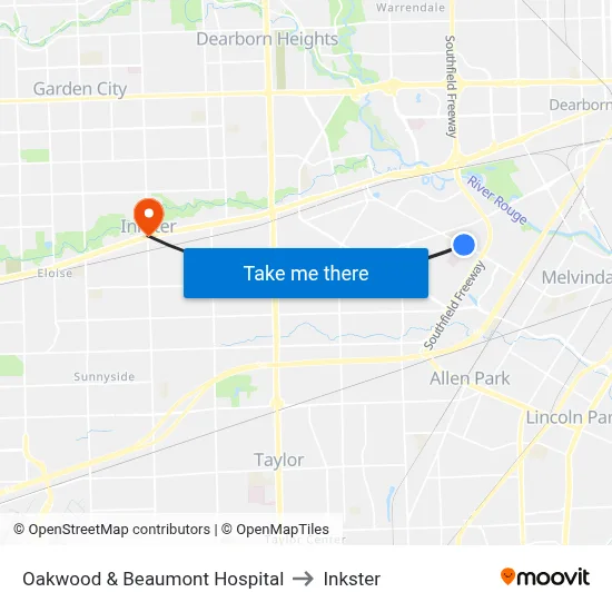 Oakwood @ Corewell Dearborn Hospital to Inkster map