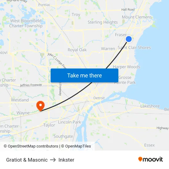 Gratiot & Masonic to Inkster map
