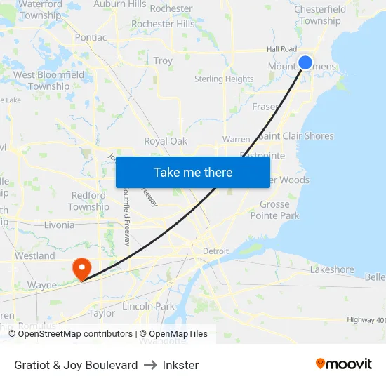 Gratiot & Joy Boulevard to Inkster map