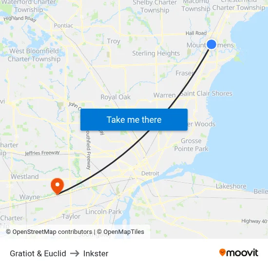 Gratiot & Euclid to Inkster map