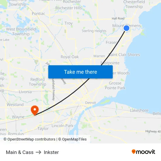 Main & Cass to Inkster map