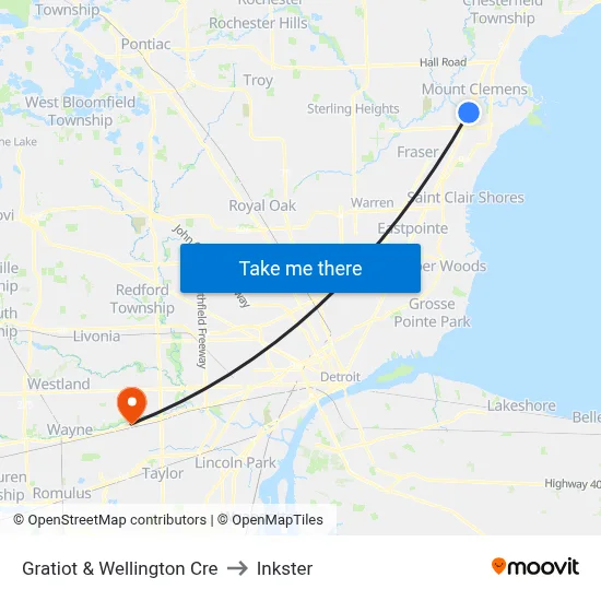 Gratiot & Wellington Cre to Inkster map