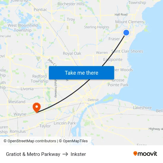 Gratiot & Metro Parkway to Inkster map