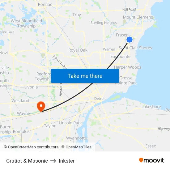 Gratiot & Masonic to Inkster map