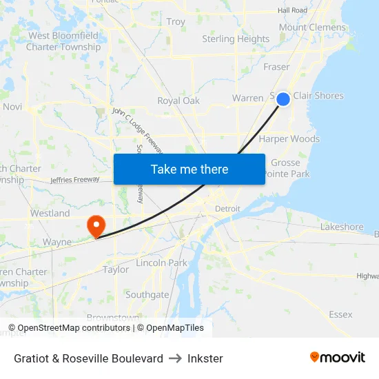 Gratiot & Roseville Boulevard to Inkster map