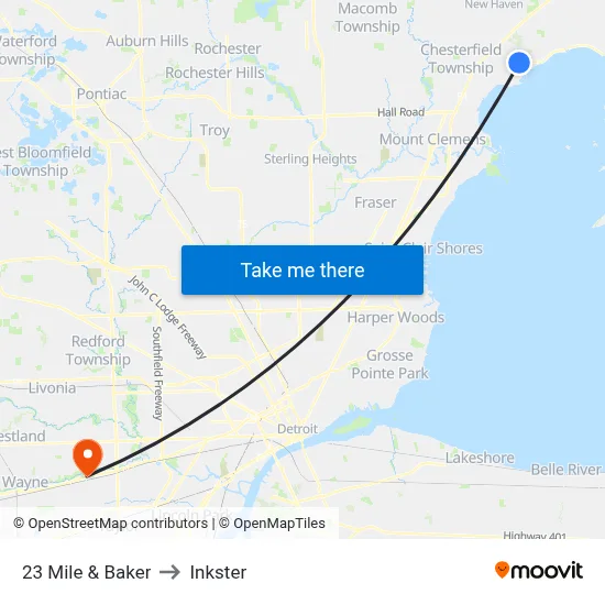 23 Mile & Baker to Inkster map
