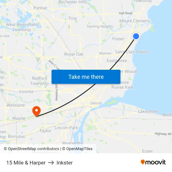 15 Mile & Harper to Inkster map