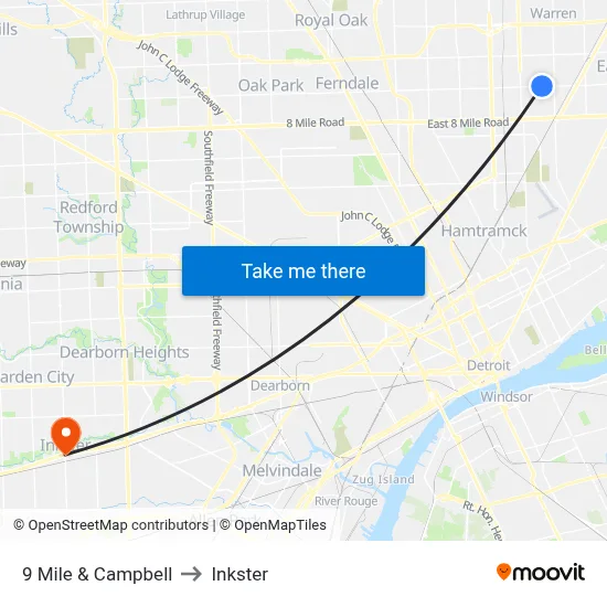 9 Mile & Campbell to Inkster map