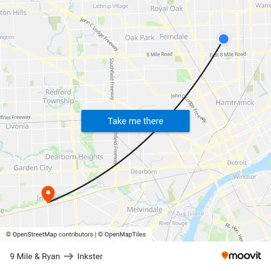 9 Mile & Ryan to Inkster map