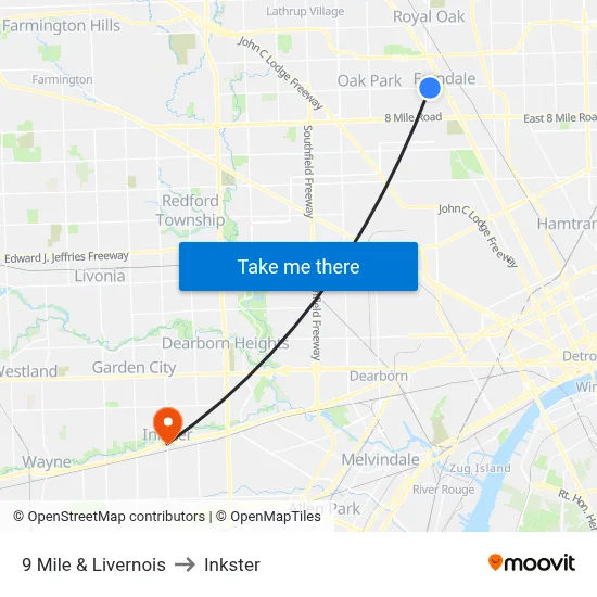 9 Mile & Livernois to Inkster map