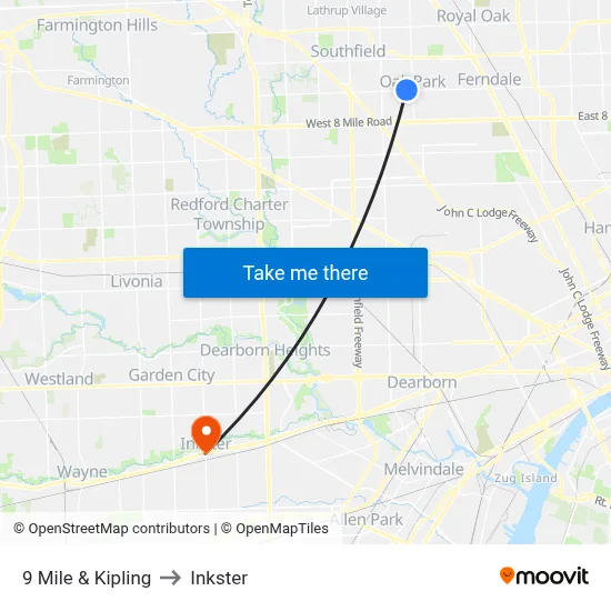9 Mile & Kipling to Inkster map