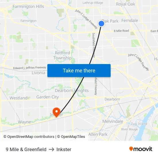 9 Mile & Greenfield to Inkster map