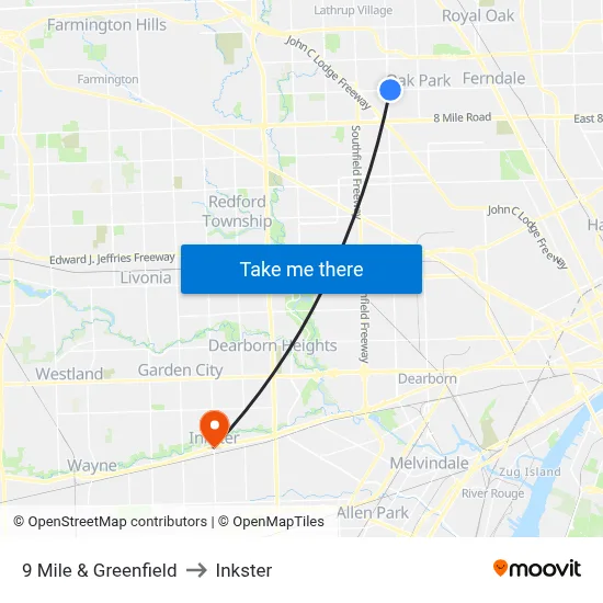 9 Mile & Greenfield to Inkster map