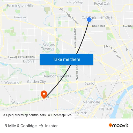 9 Mile & Coolidge to Inkster map