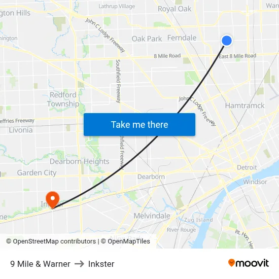 9 Mile & Warner to Inkster map