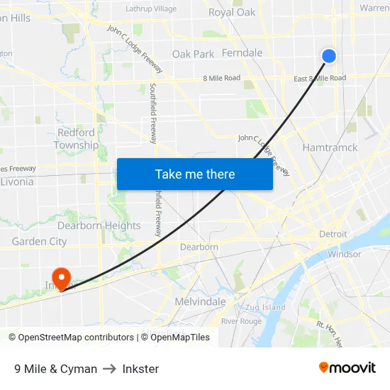 9 Mile & Cyman to Inkster map