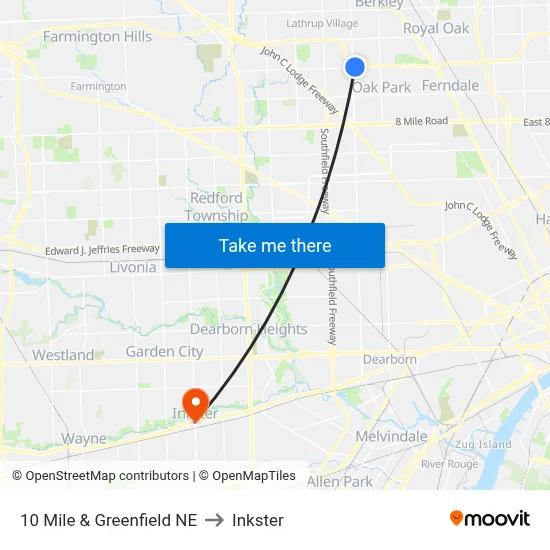 10 Mile & Greenfield NE to Inkster map