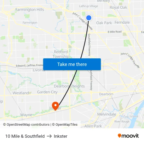 10 Mile & Southfield to Inkster map