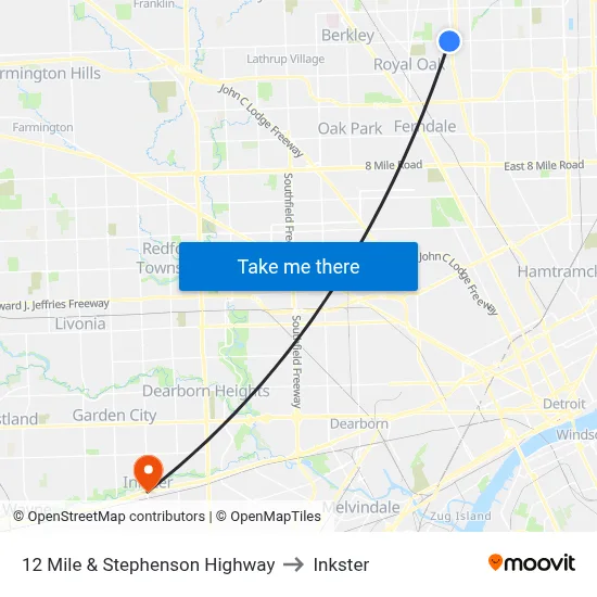 12 Mile & Stephenson Highway to Inkster map