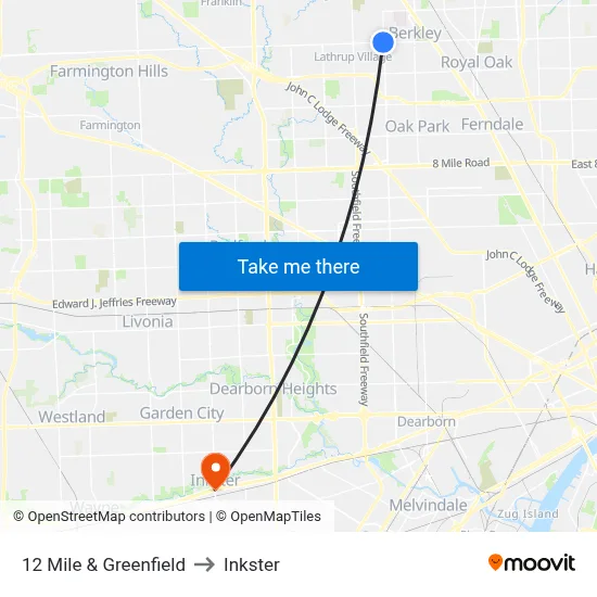 12 Mile & Greenfield to Inkster map