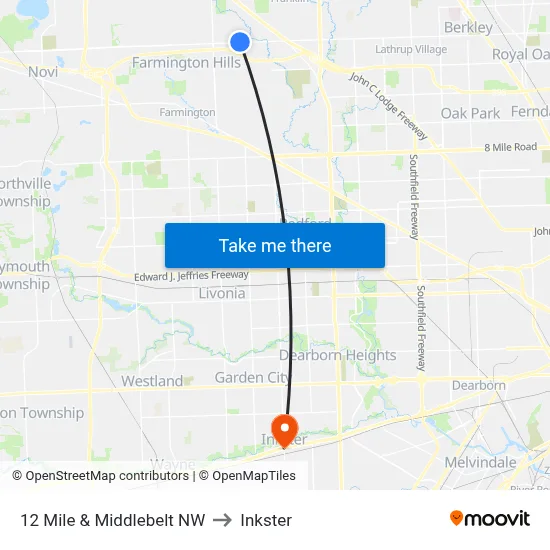 12 Mile & Middlebelt NW to Inkster map