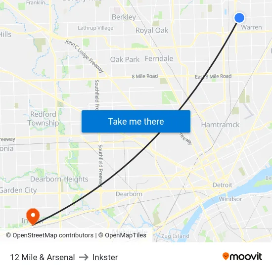 12 Mile & Arsenal to Inkster map