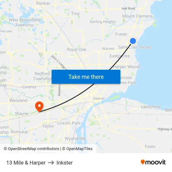 13 Mile & Harper to Inkster map