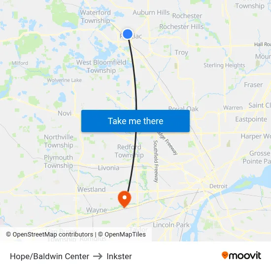 Hope/Baldwin Center to Inkster map