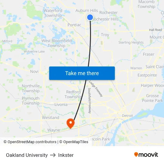 Oakland University to Inkster map