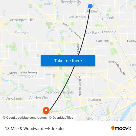 13 Mile & Woodward to Inkster map