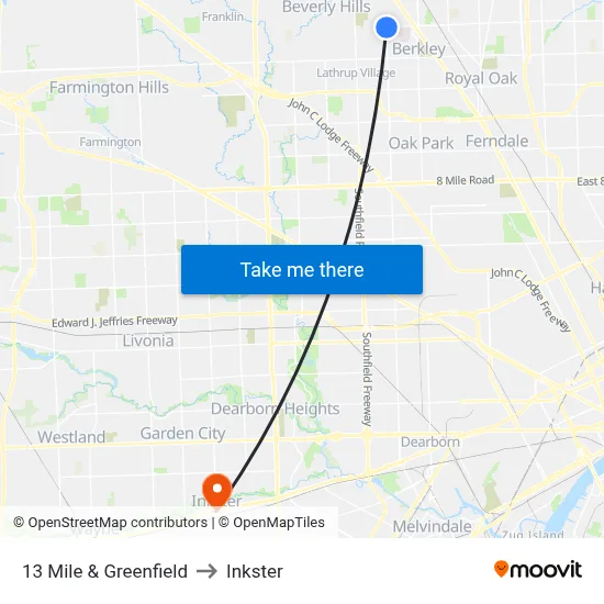13 Mile & Greenfield to Inkster map